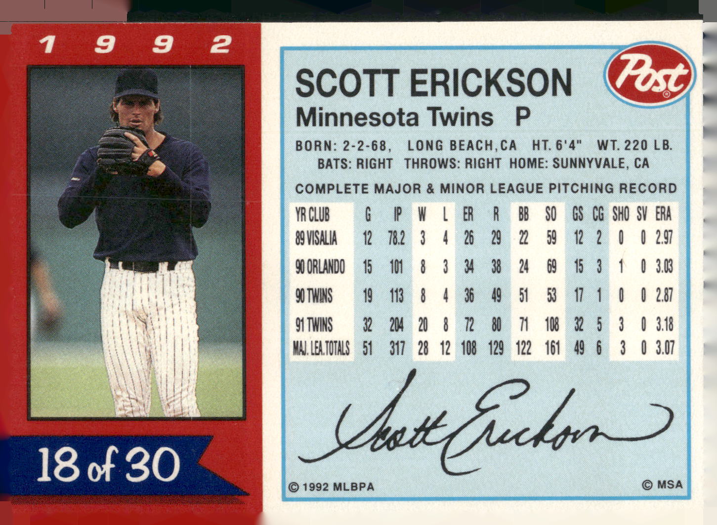 1992 Post Cereal #18 Scott Erickson