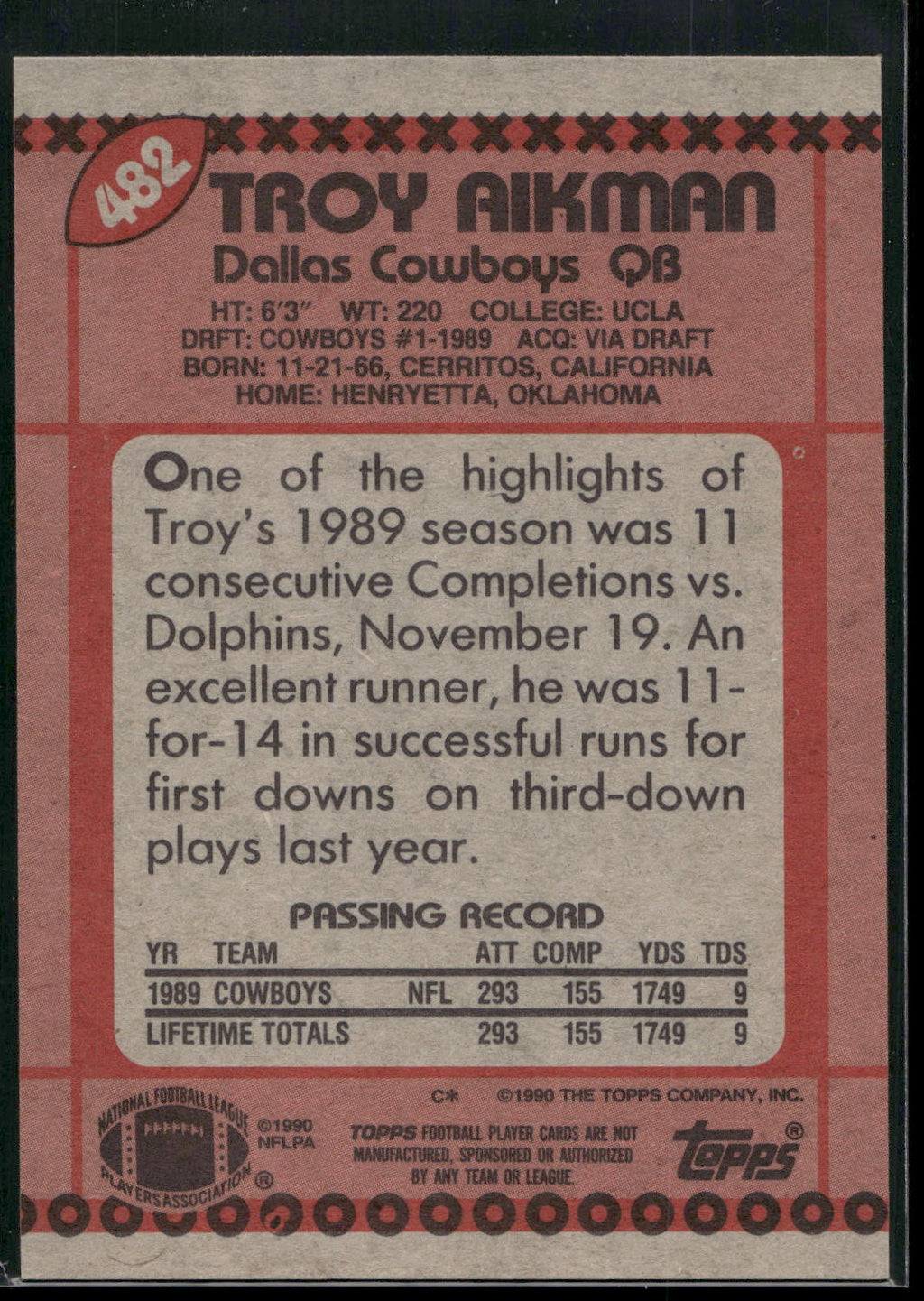 1990 Topps #482 Troy Aikman