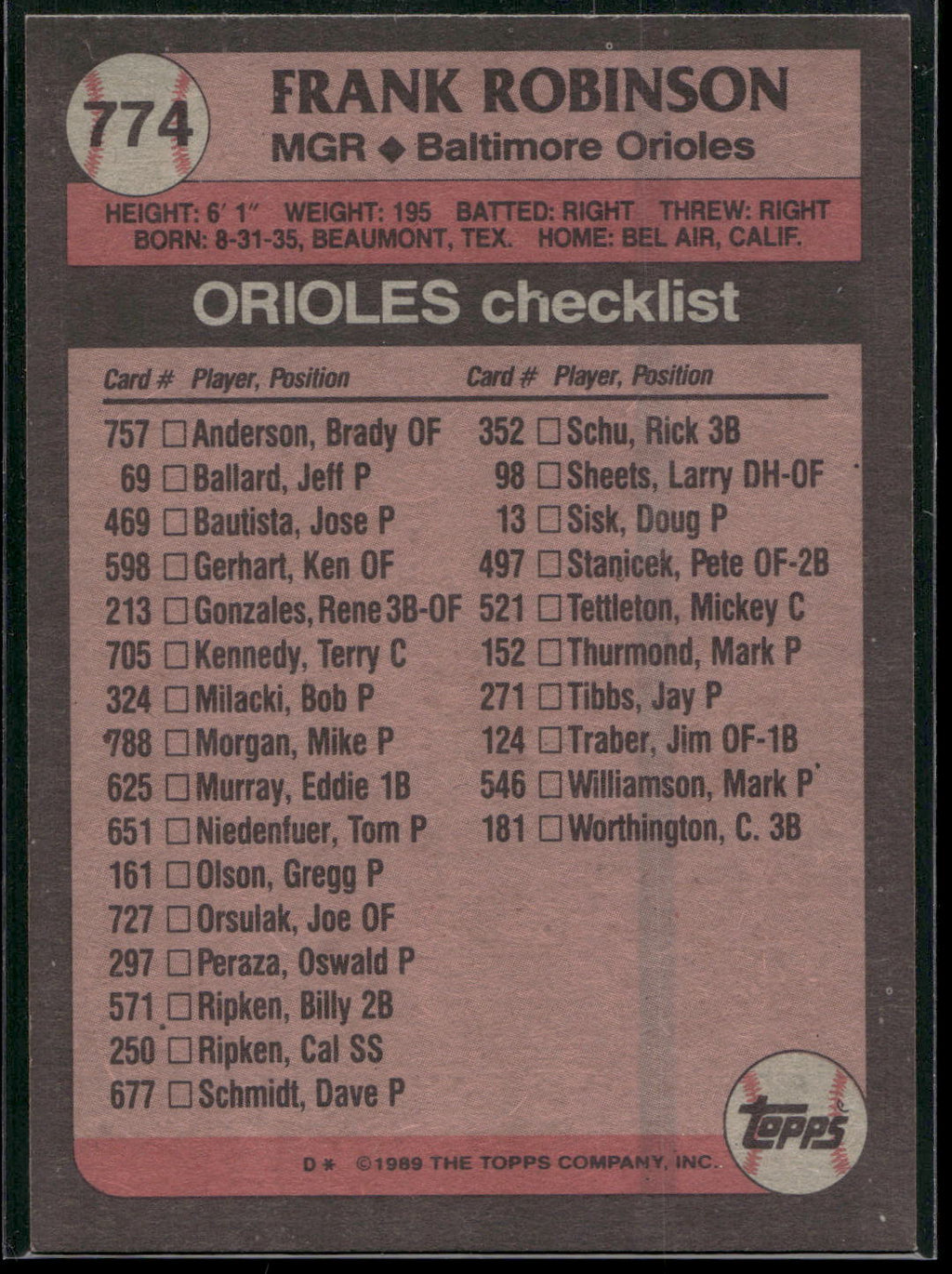 1989 Topps #774 Frank Robinson