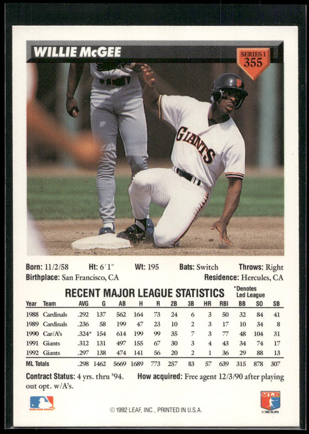 1993 Donruss #355 Willie McGee