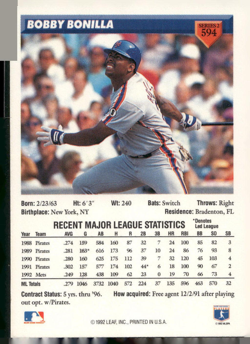 1993 Donruss #594 Bobby Bonilla