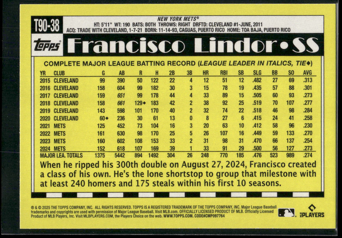 2025 Topps #T90-38 Francisco Lindor