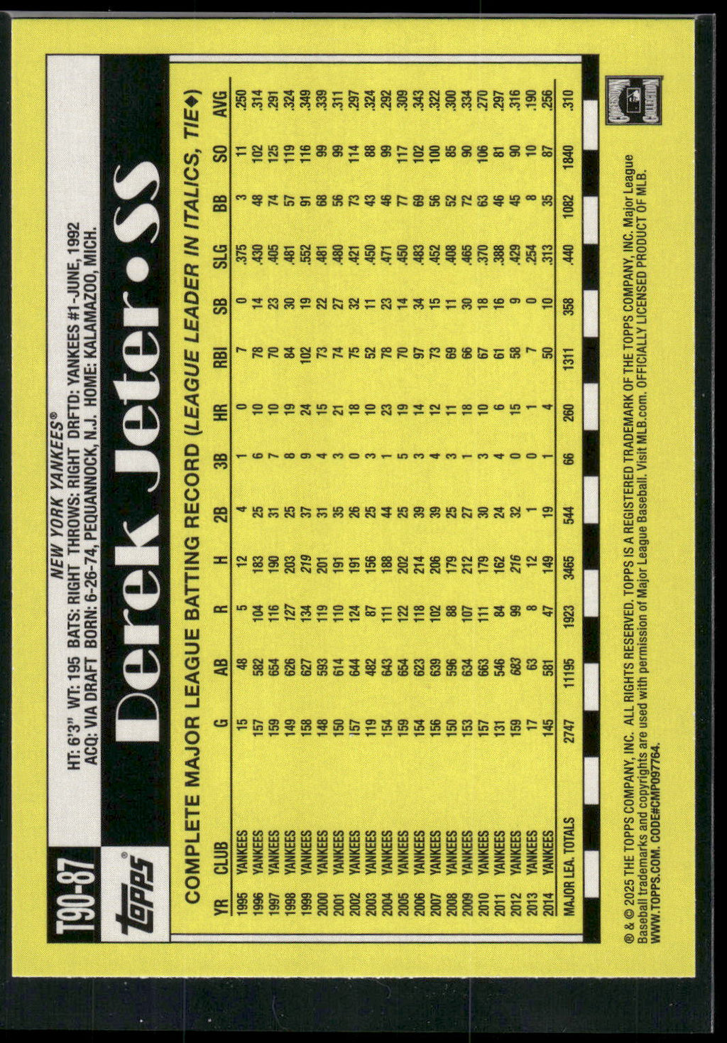 2025 Topps #T90-87 Derek Jeter 1990 Topps Baseball 35th Anniversary (Series One)