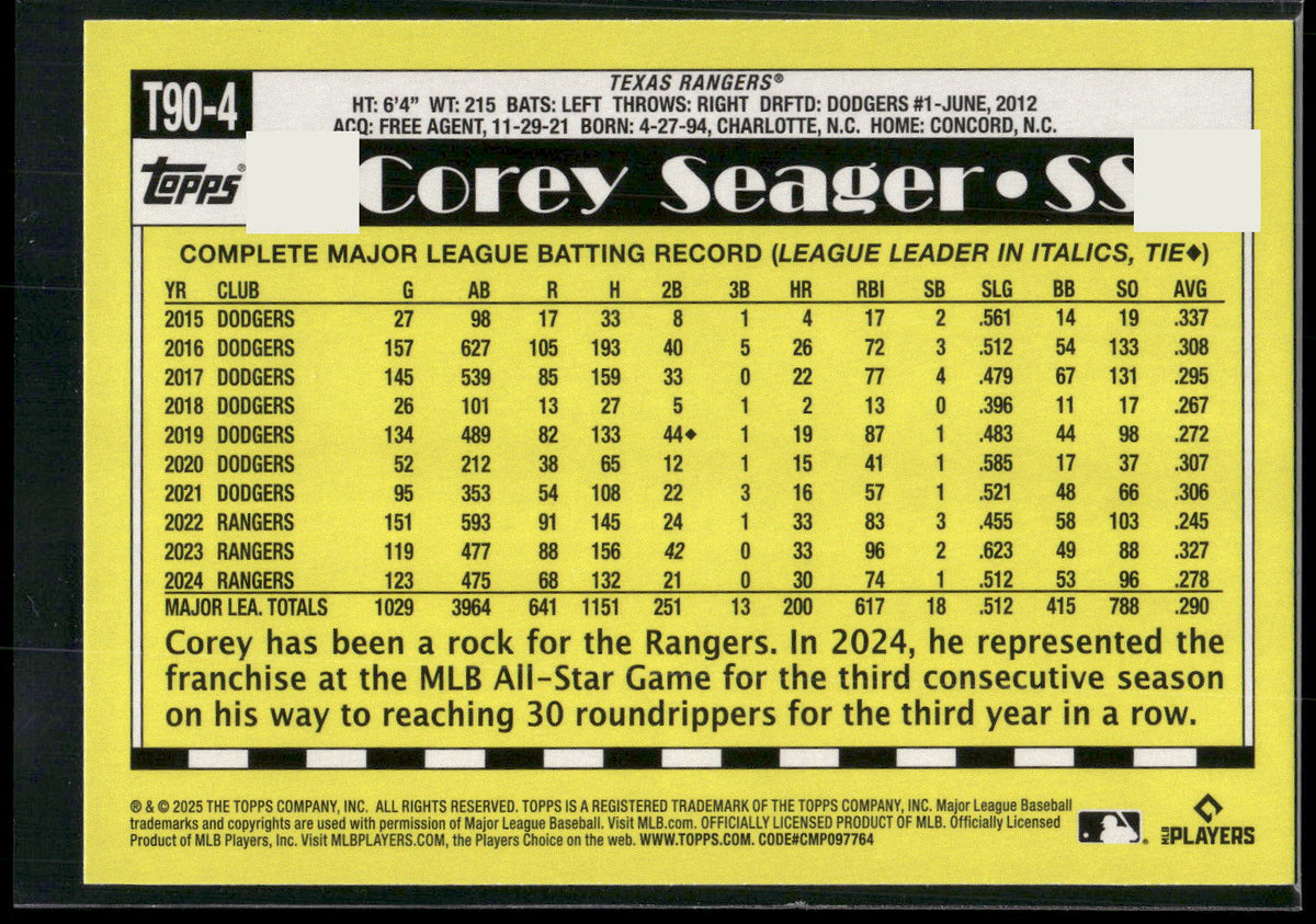 2025 Topps #T90-4 Corey Seager 1990 Topps Baseball 35th Anniversary (Series One)