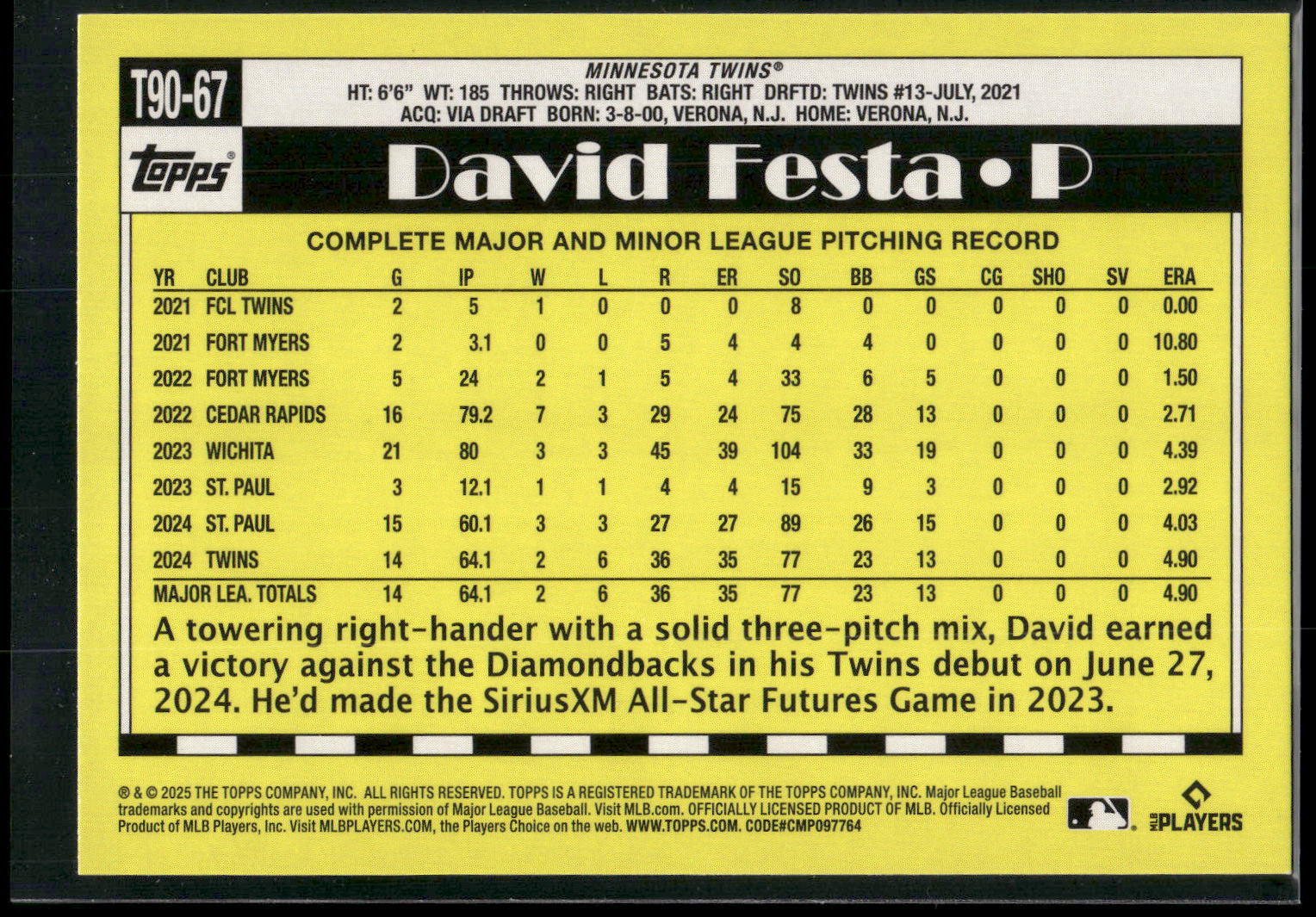 2025 Topps #T90-67 David Festa 1990 Topps Baseball 35th Anniversary (Series One)