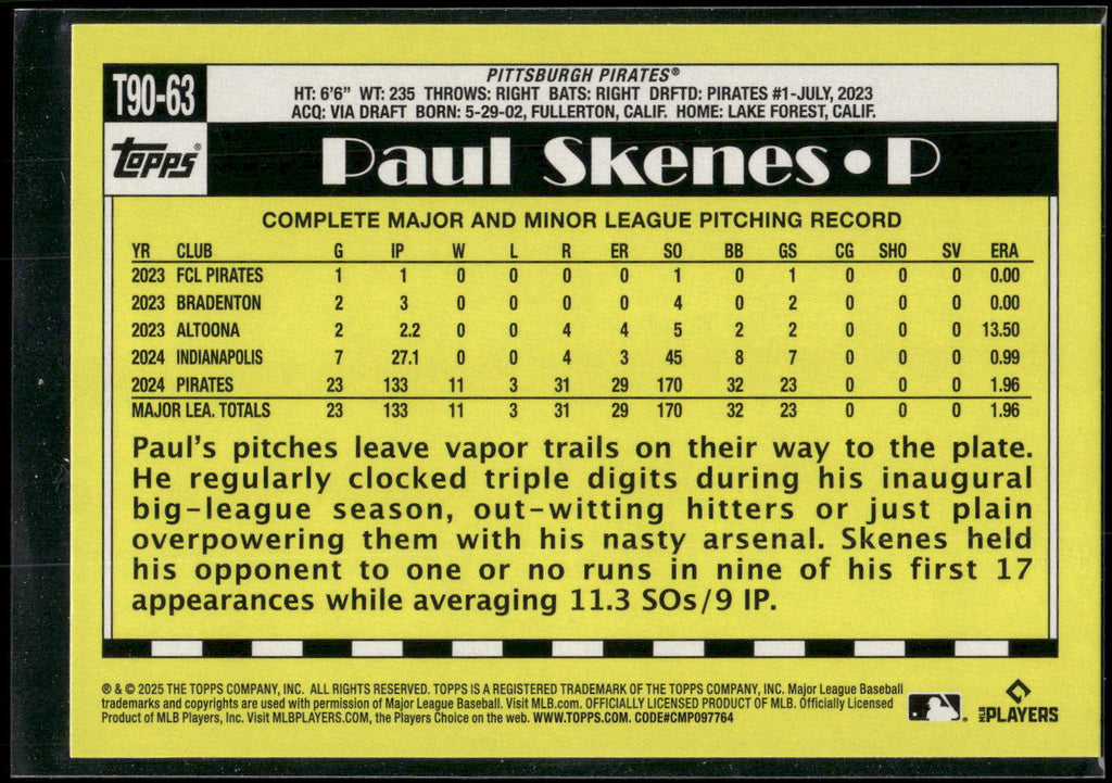 2025 Topps #T90-63 Paul Skenes 1990 Topps Baseball 35th Anniversary (Series One)