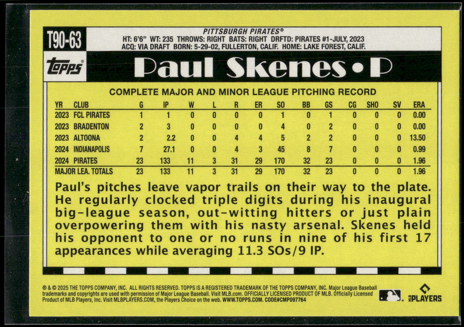 2025 Topps #T90-63 Paul Skenes 1990 Topps Baseball 35th Anniversary (Series One)