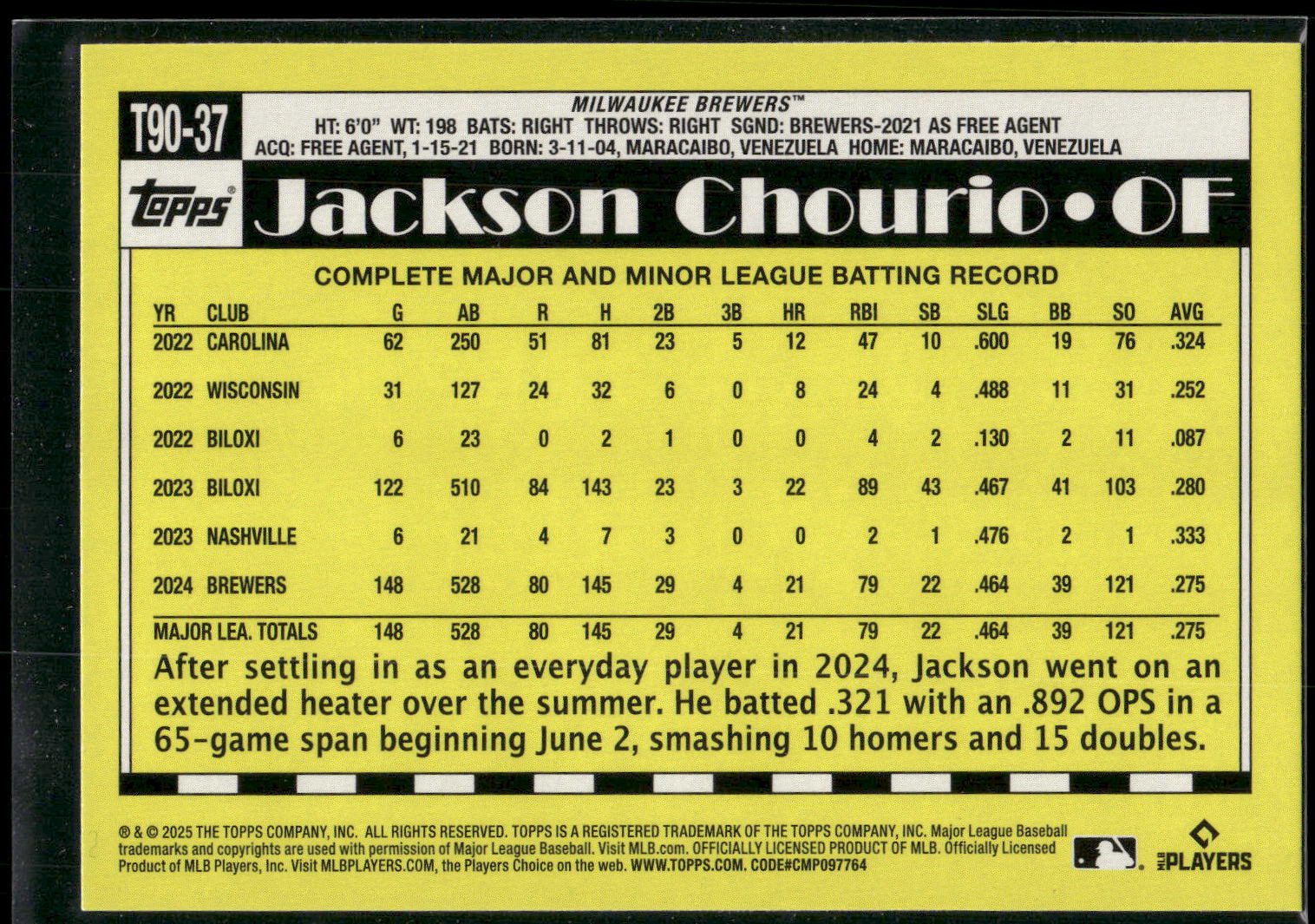 2025 Topps #T90-37 Jackson Chourio
