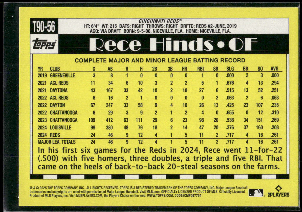 2025 Topps #T90-56 Rece Hinds 1990 Topps Baseball 35th Anniversary (Series One)