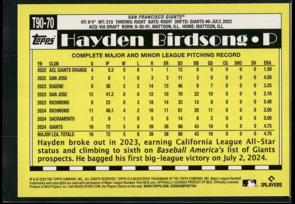 2025 Topps #T90-70 Hayden Birdsong