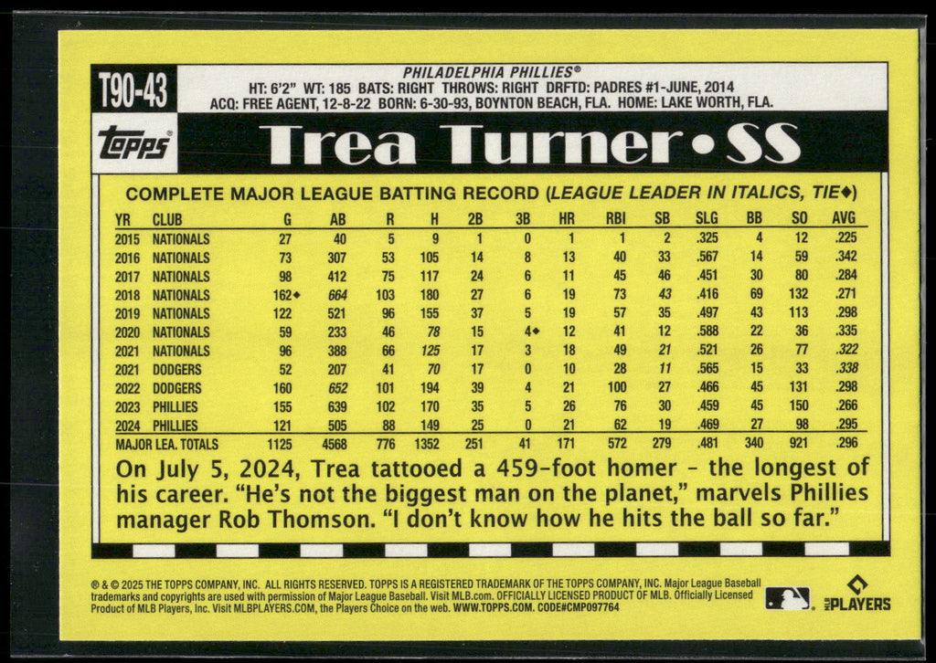 2025 Topps #T90-43 Trea Turner 1990 Topps Baseball 35th Anniversary (Series One)