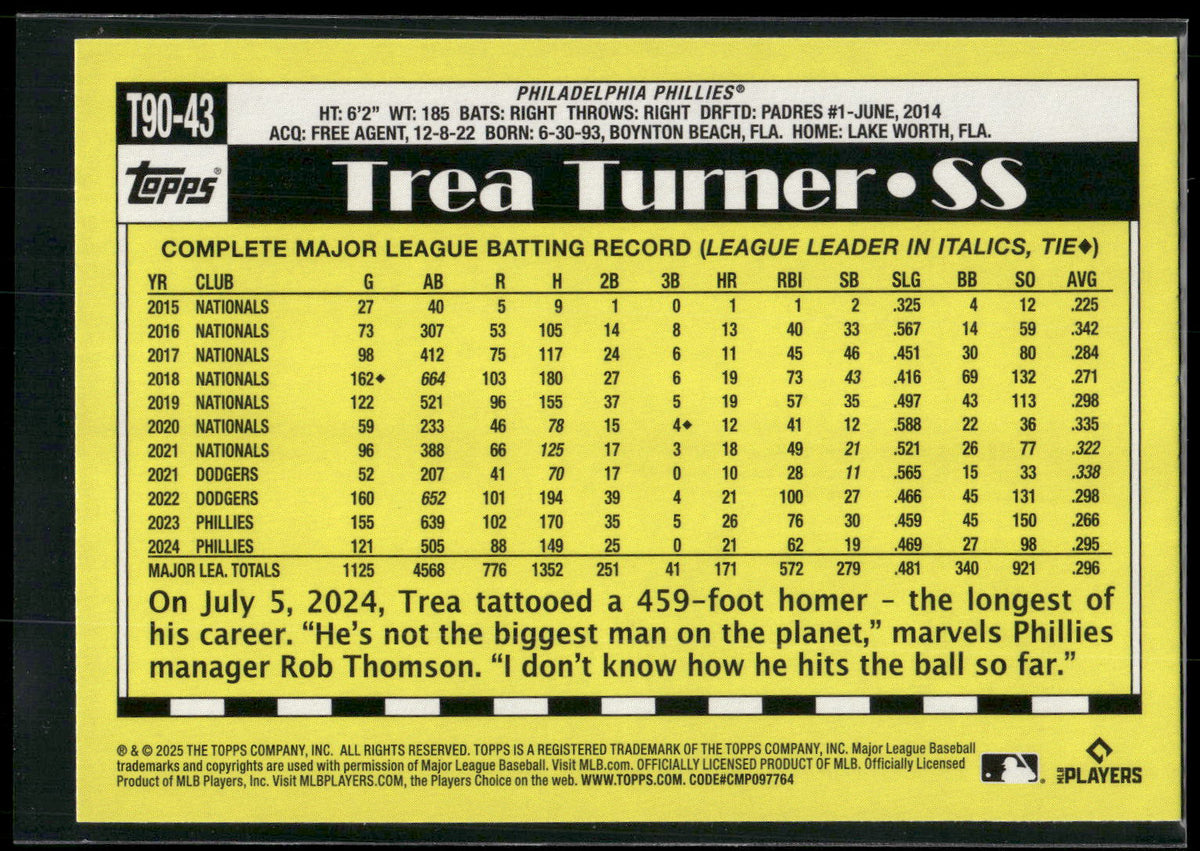 2025 Topps #T90-43 Trea Turner 1990 Topps Baseball 35th Anniversary (Series One)