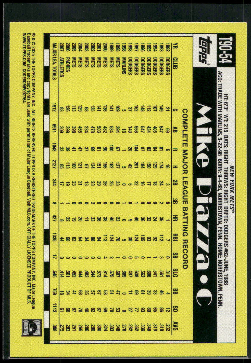 2025 Topps #T90-54 Mike Piazza 1990 Topps Baseball 35th Anniversary (Series One)