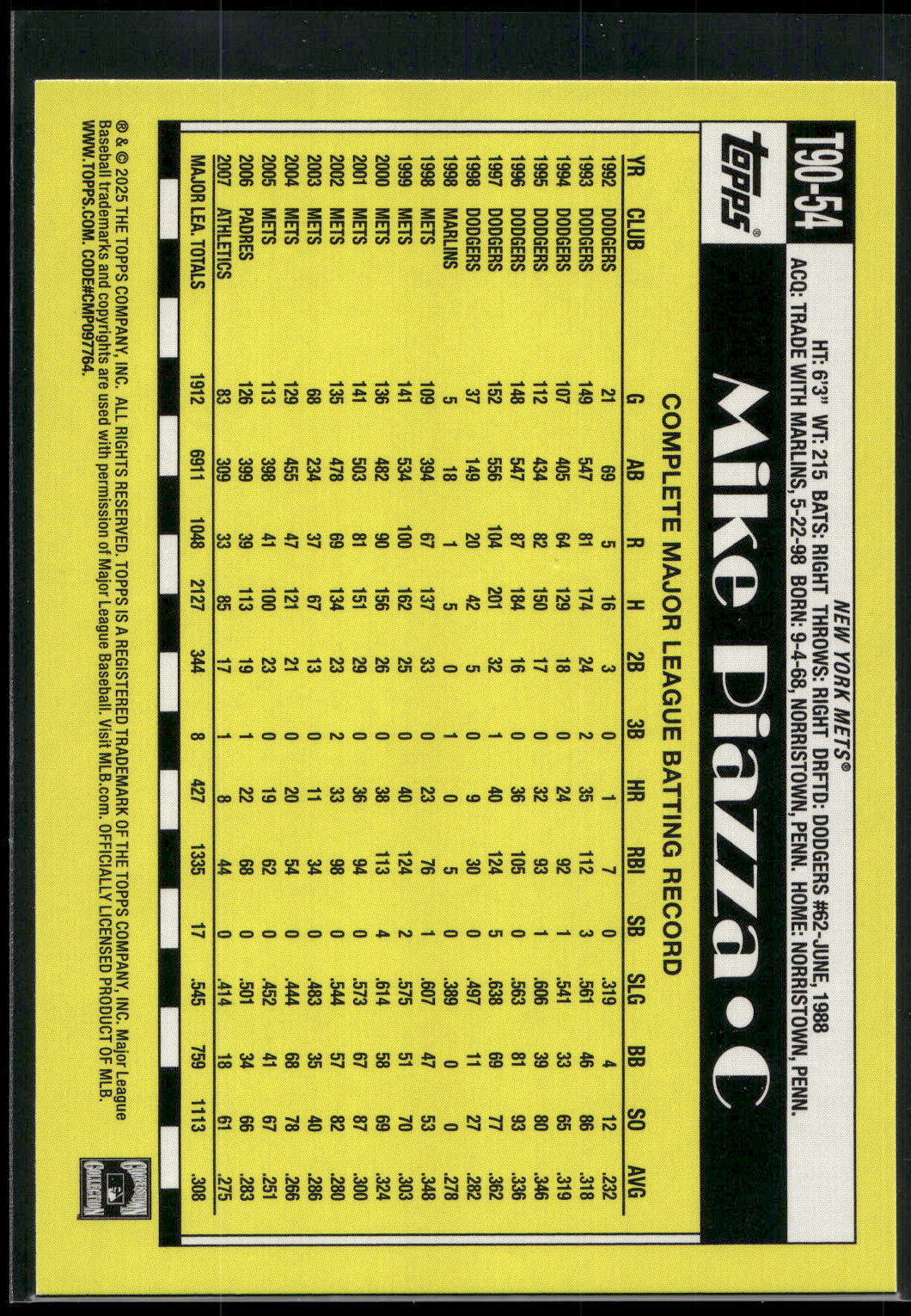 2025 Topps #T90-54 Mike Piazza 1990 Topps Baseball 35th Anniversary (Series One)