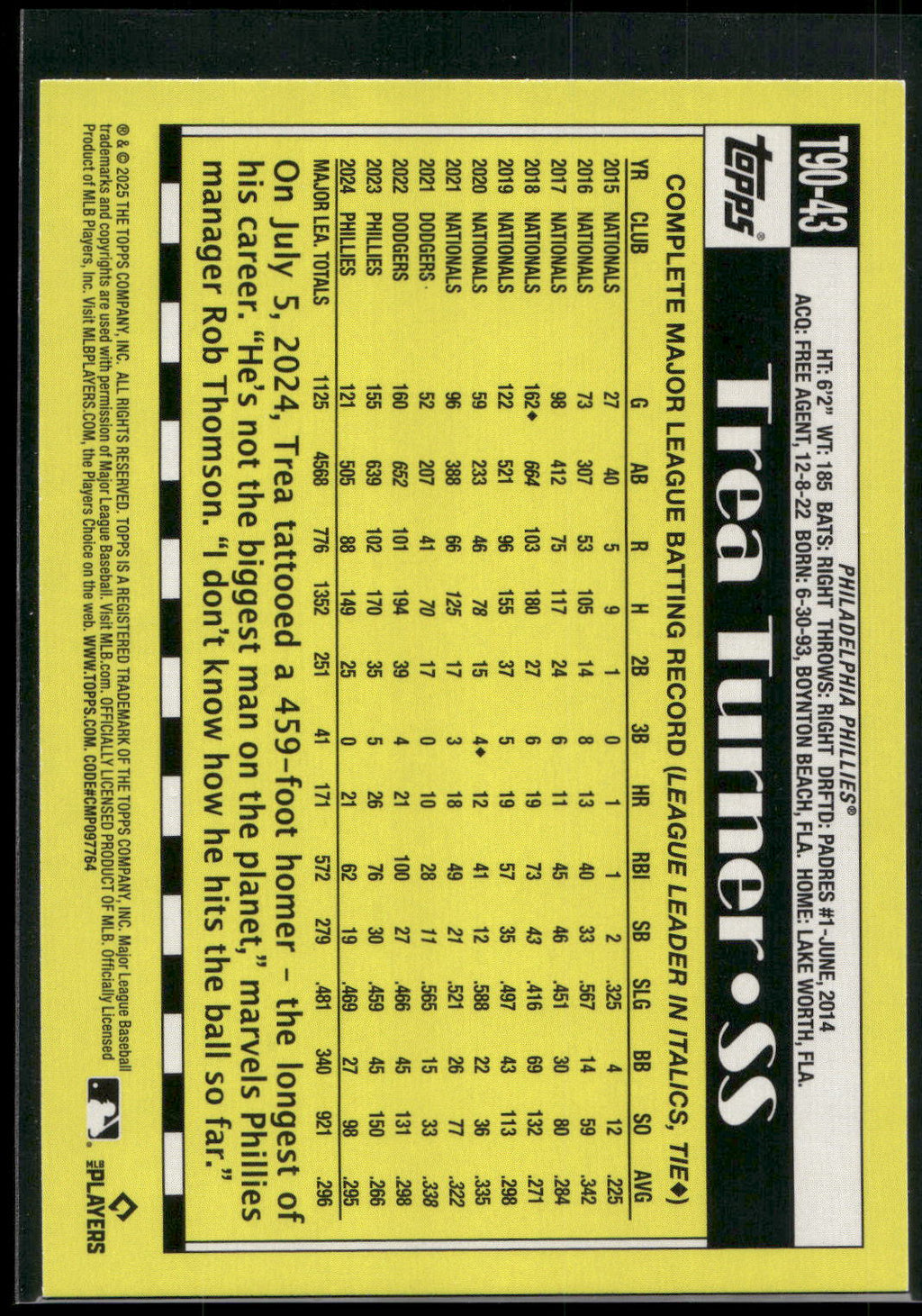 2025 Topps #T90-43 Trea Turner 1990 Topps Baseball 35th Anniversary (Series One)
