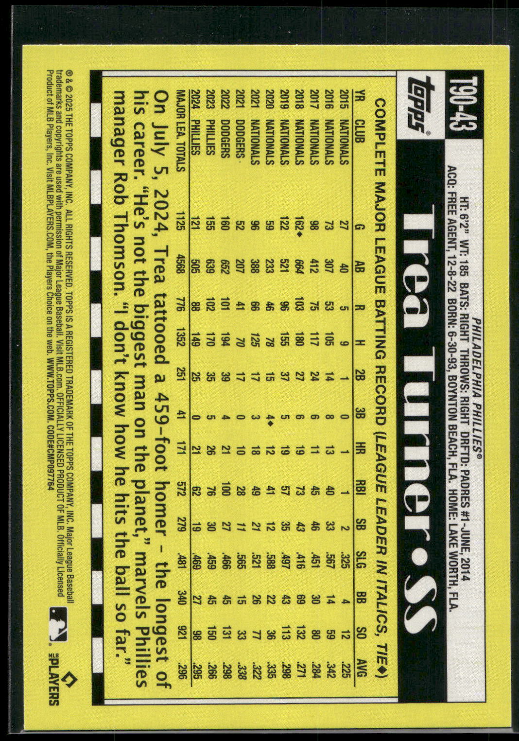 2025 Topps #T90-43 Trea Turner 1990 Topps Baseball 35th Anniversary (Series One)