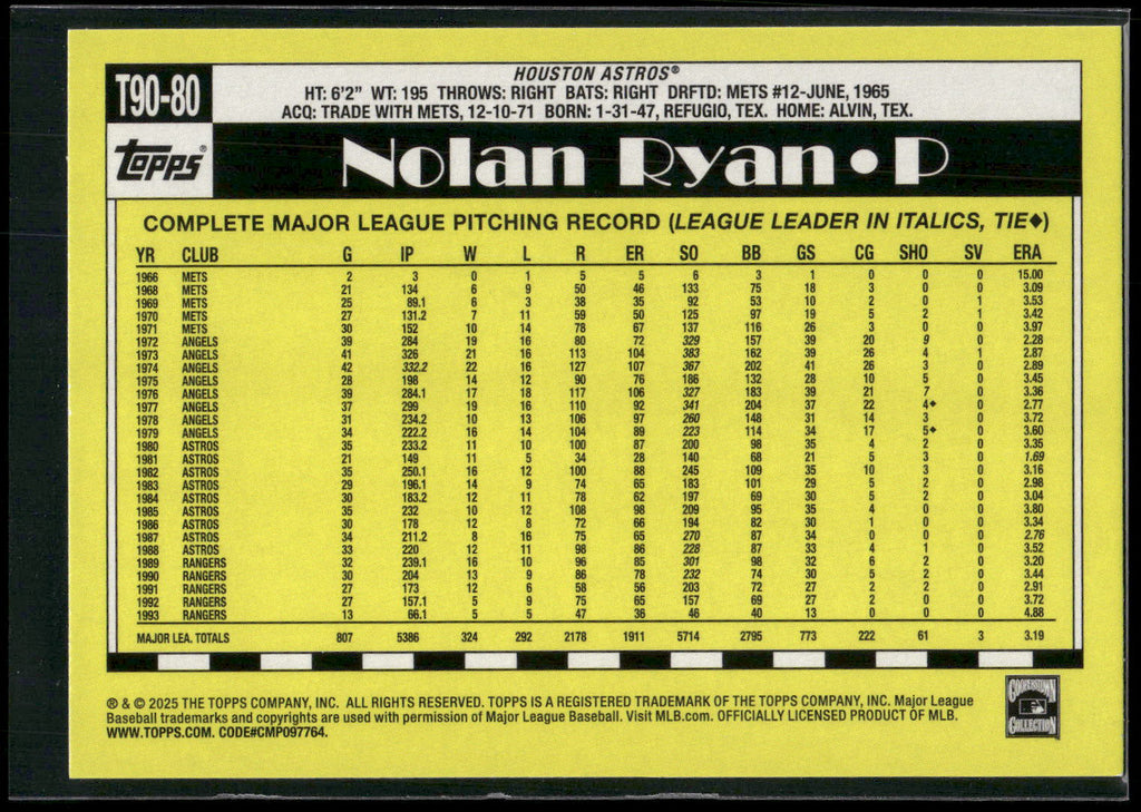 2025 Topps #T90-80 Nolan Ryan