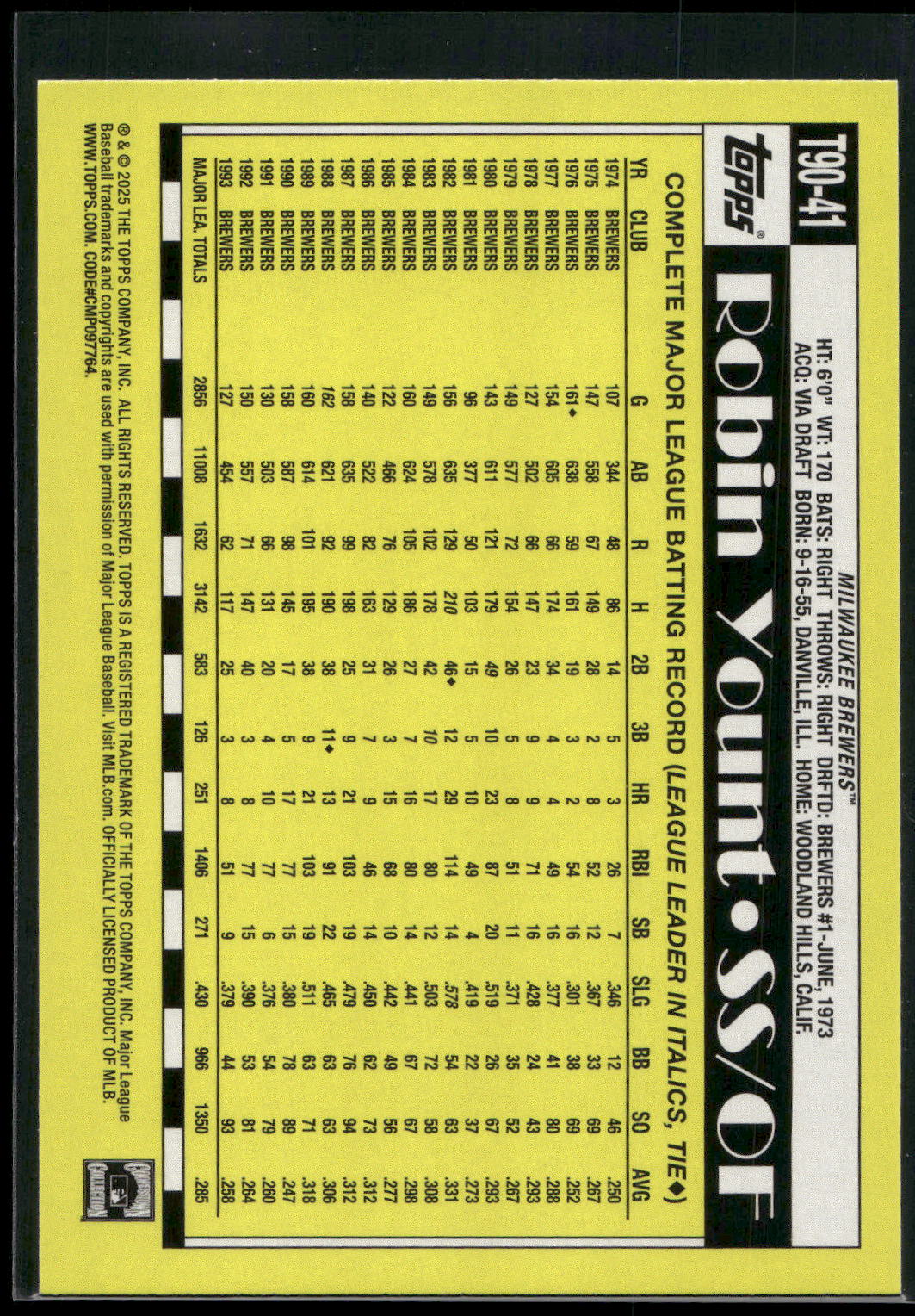 2025 Topps #T90-41 Robin Yount