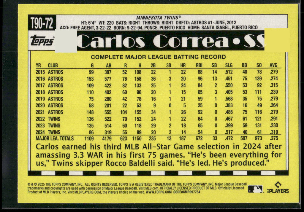 2025 Topps #T90-72 Carlos Correa