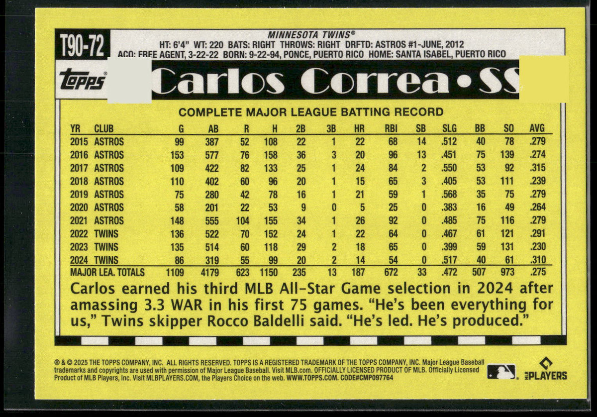 2025 Topps #T90-72 Carlos Correa