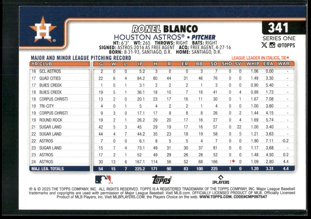 2025 Topps #341 Ronel Blanco Diamante Foil