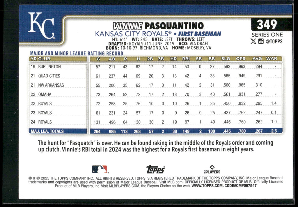 2025 Topps #349 Vinnie Pasquantino Diamante Foil