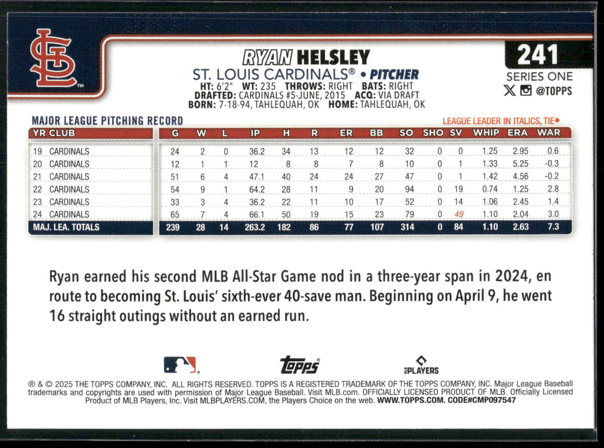 2025 Topps #241 Ryan Helsley Diamante Foil