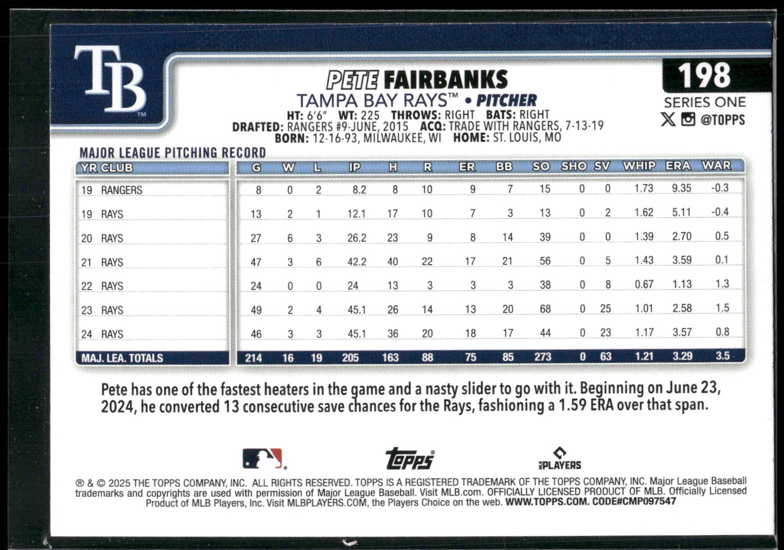 2025 Topps #198 Pete Fairbanks Diamante Foil