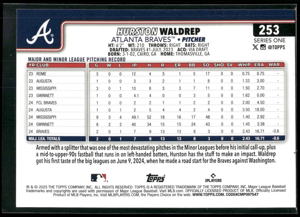 2025 Topps #253 Hurston Waldrep Diamante Foil