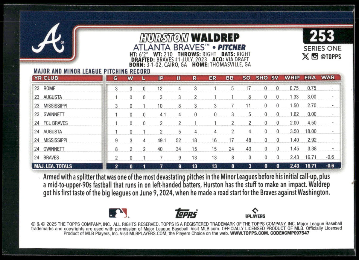 2025 Topps #253 Hurston Waldrep Diamante Foil