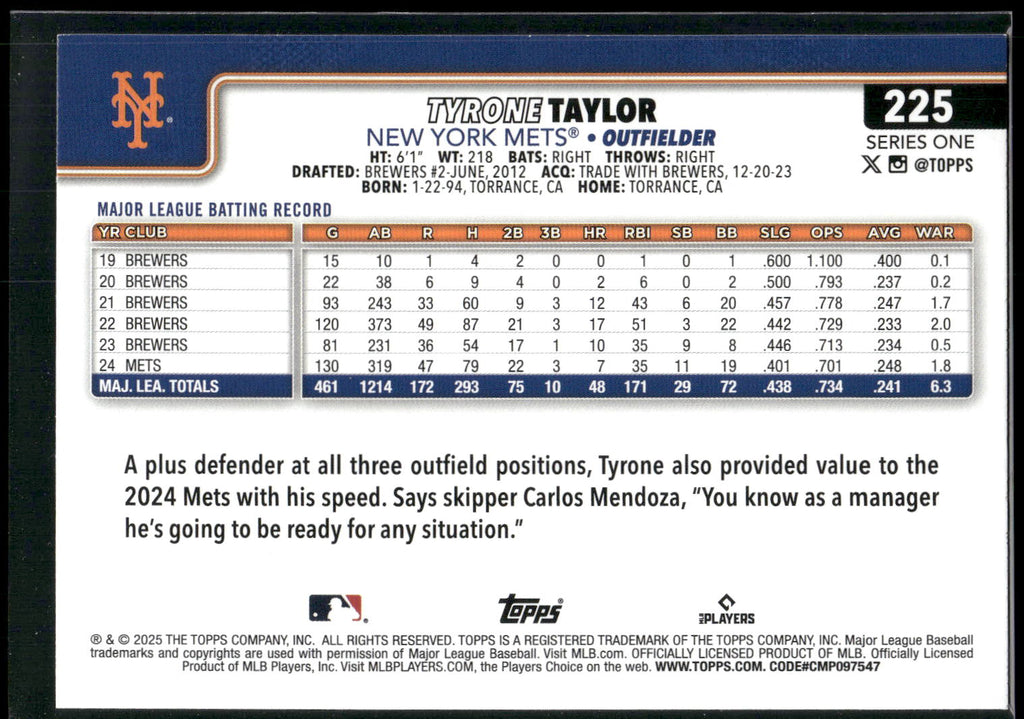 2025 Topps #225 Tyrone Taylor Diamante Foil