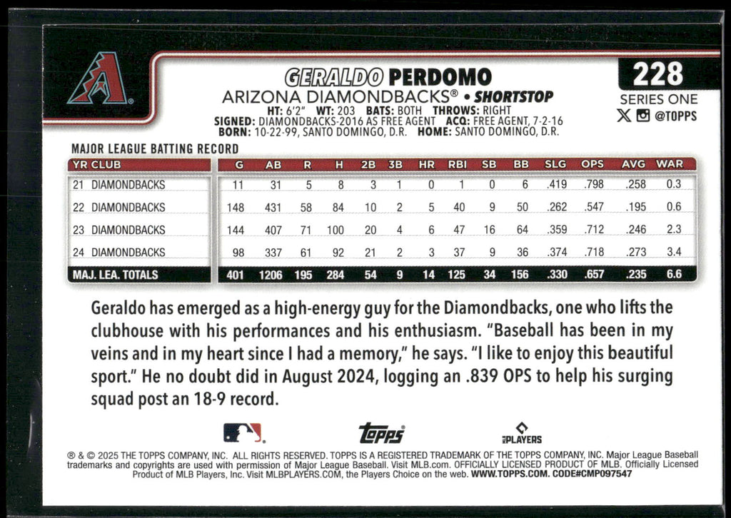 2025 Topps #228 Geraldo Perdomo Diamante Foil