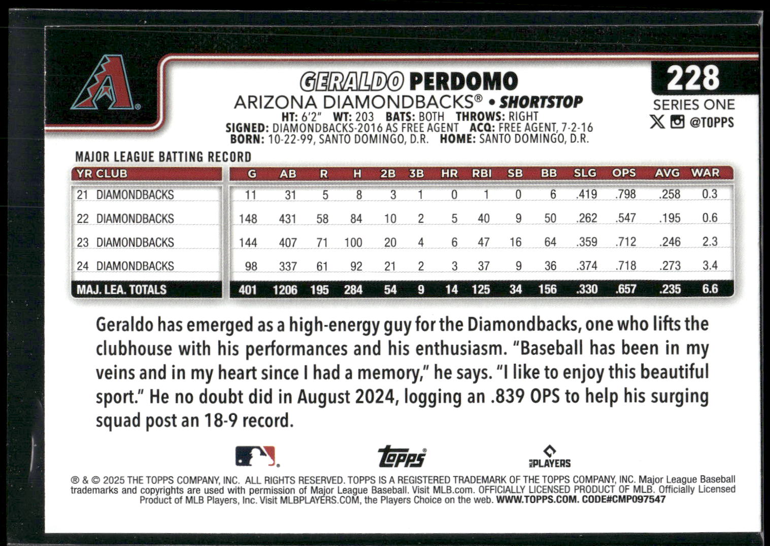 2025 Topps #228 Geraldo Perdomo Diamante Foil