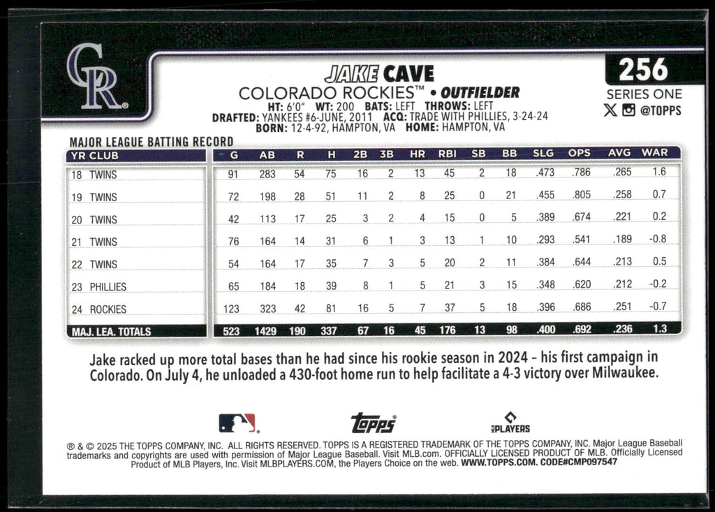2025 Topps #256 Jake Cave Diamante Foil