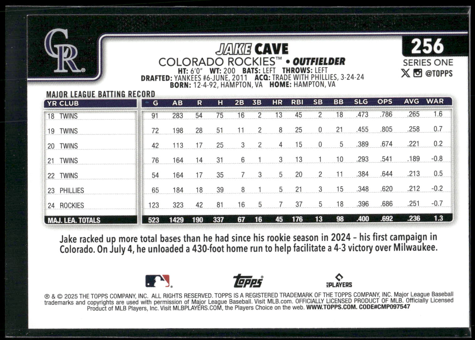 2025 Topps #256 Jake Cave Diamante Foil