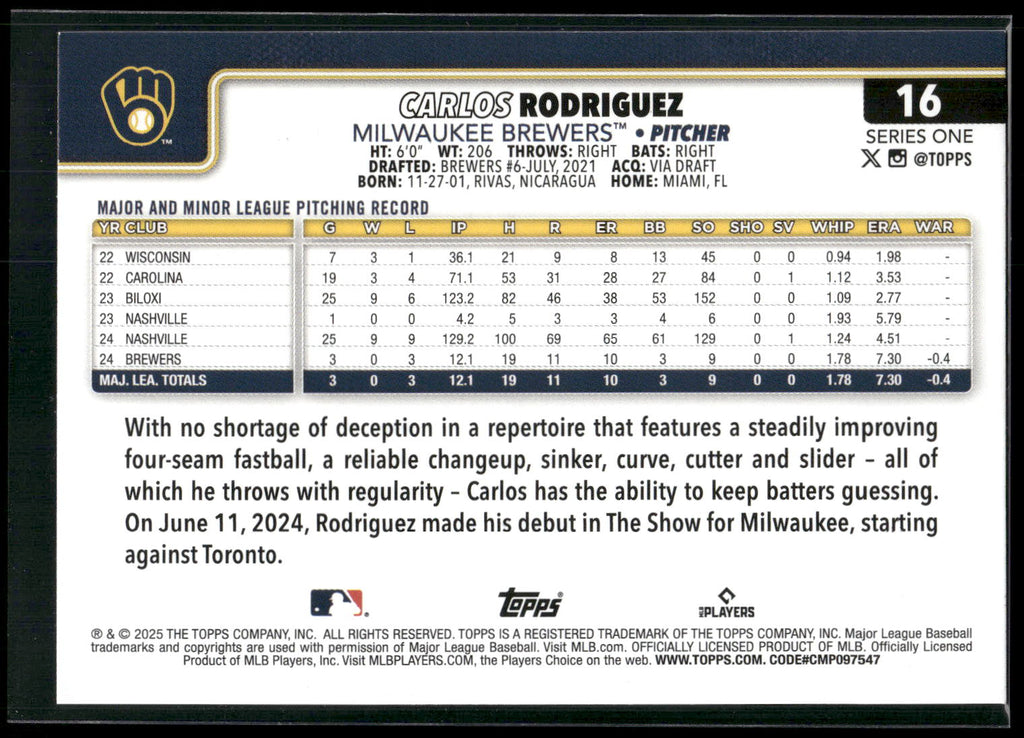 2025 Topps #16 Carlos Rodriguez Diamante Foil