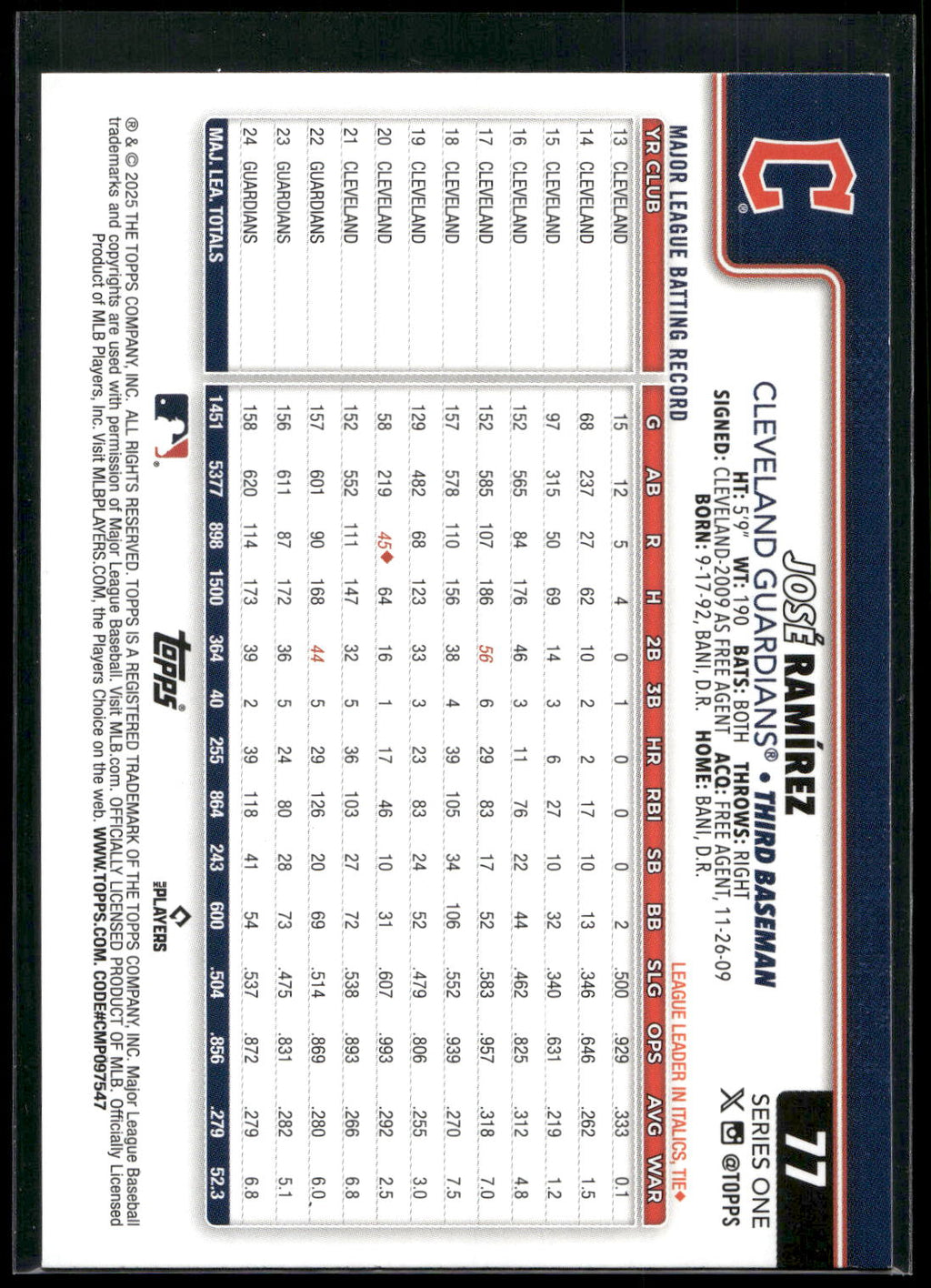 2025 Topps #77 José Ramírez Diamante Foil