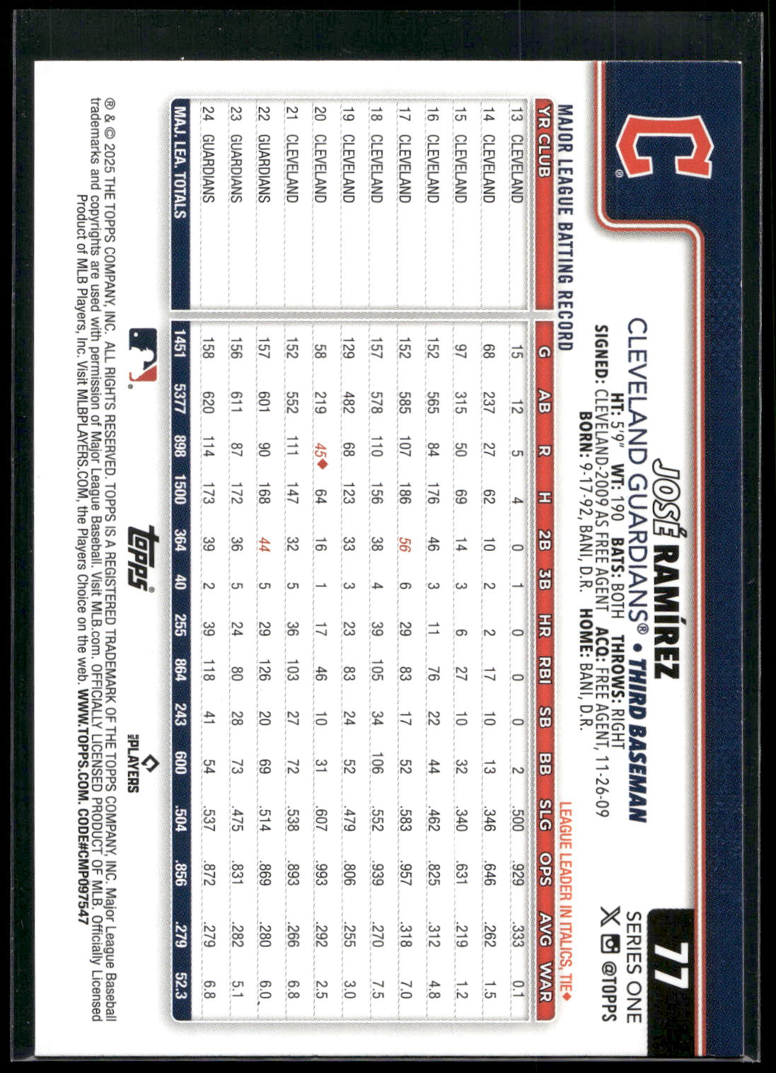 2025 Topps #77 José Ramírez Diamante Foil