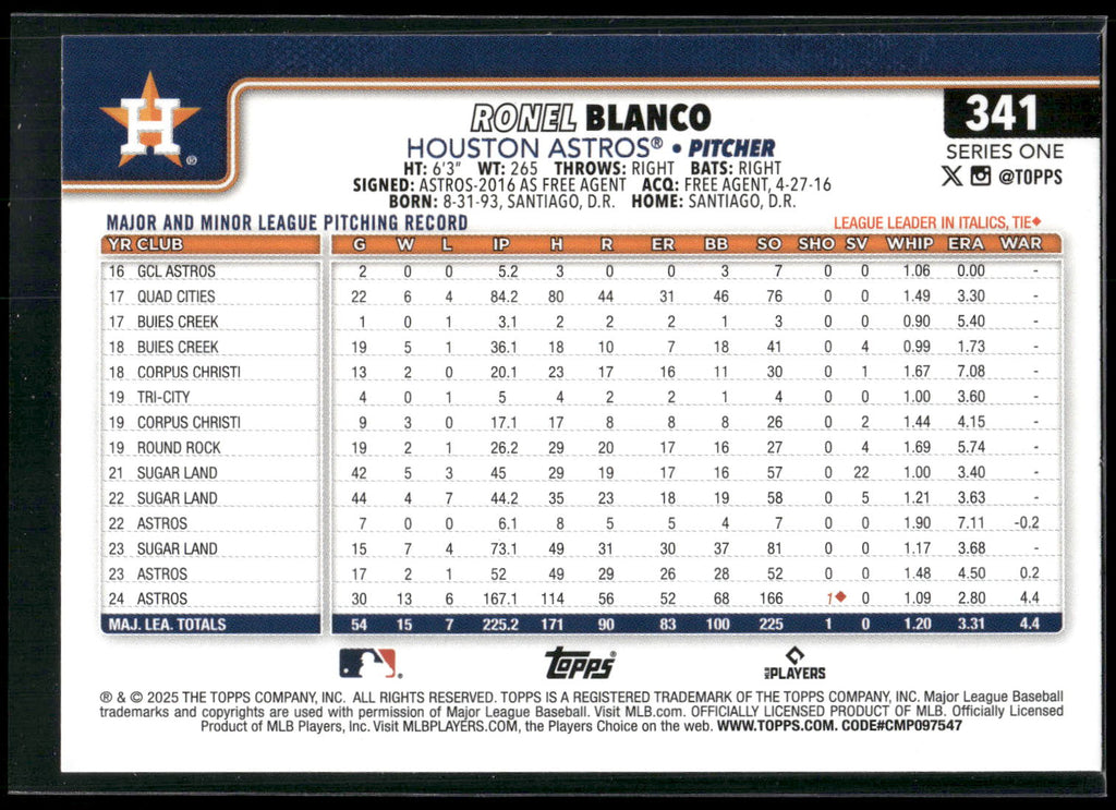 2025 Topps #341 Ronel Blanco Diamante Foil