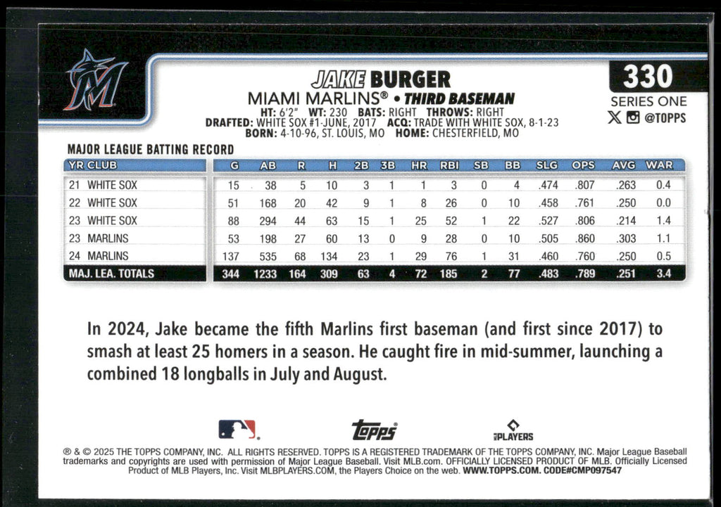 2025 Topps #330 Jake Burger Diamante Foil