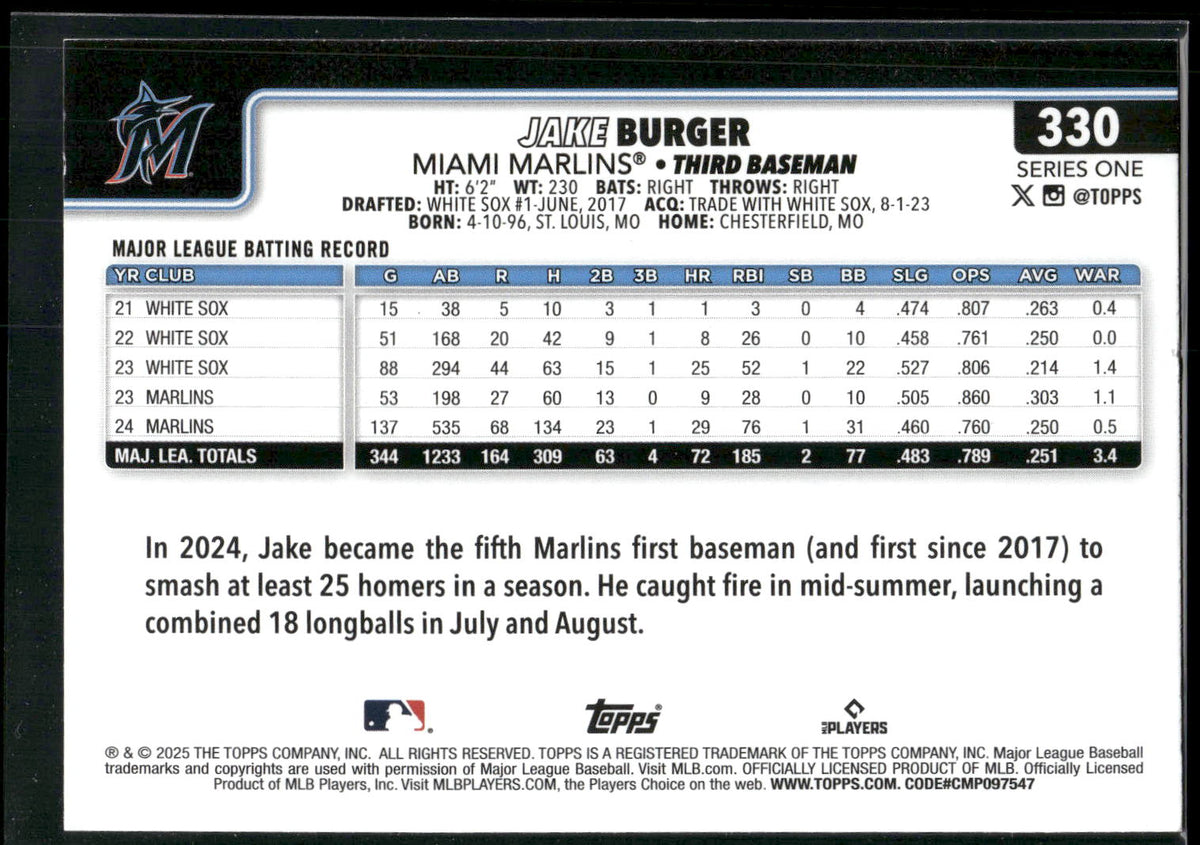 2025 Topps #330 Jake Burger Diamante Foil