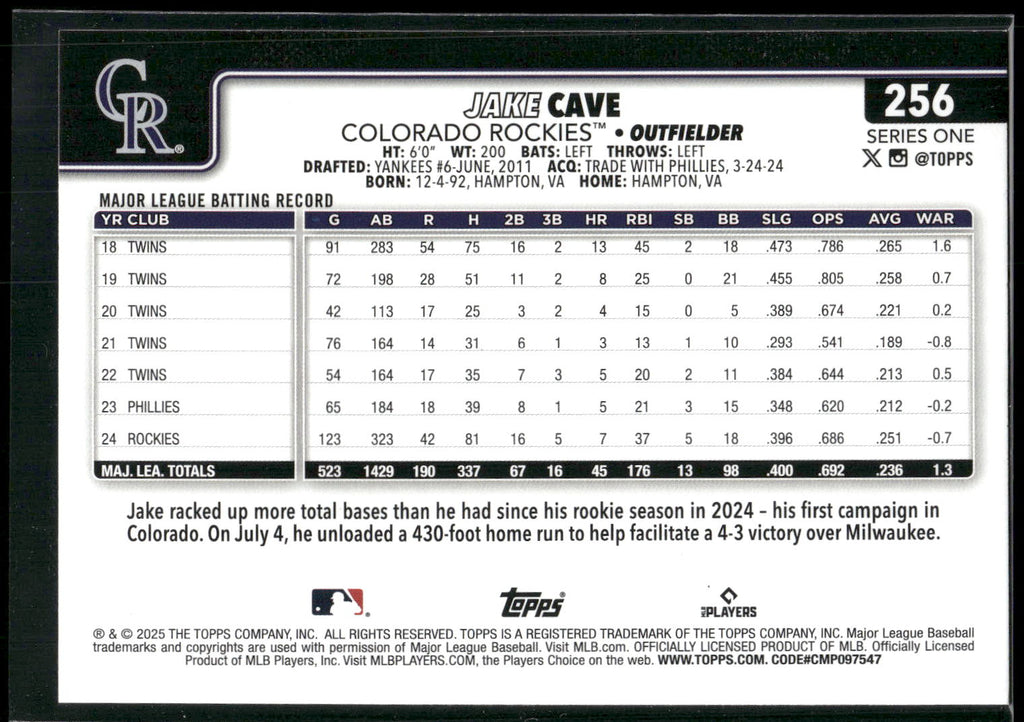 2025 Topps #256 Jake Cave Diamante Foil
