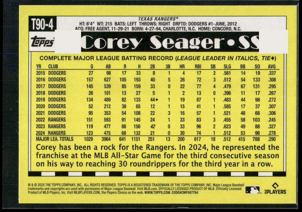 2025 Topps #T90-4 Corey Seager 1990 Topps Baseball 35th Anniversary (Series One)