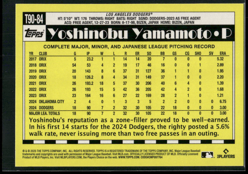 2025 Topps #T90-84 Yoshinobu Yamamoto