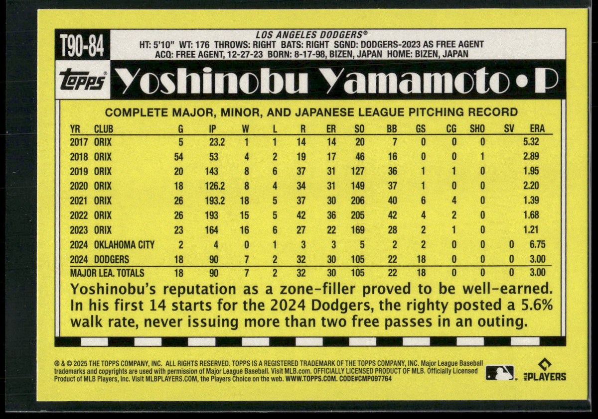 2025 Topps #T90-84 Yoshinobu Yamamoto