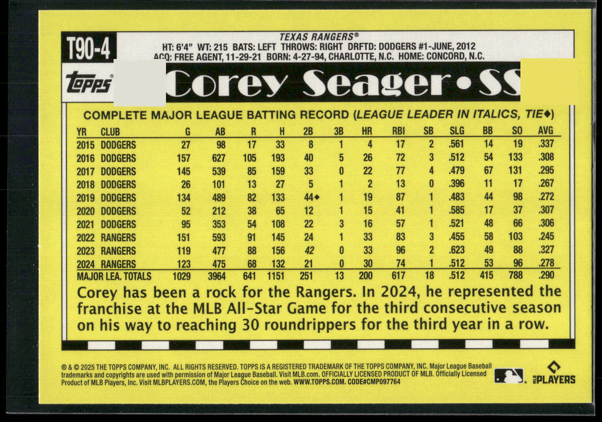 2025 Topps #T90-4 Corey Seager 1990 Topps Baseball 35th Anniversary (Series One)