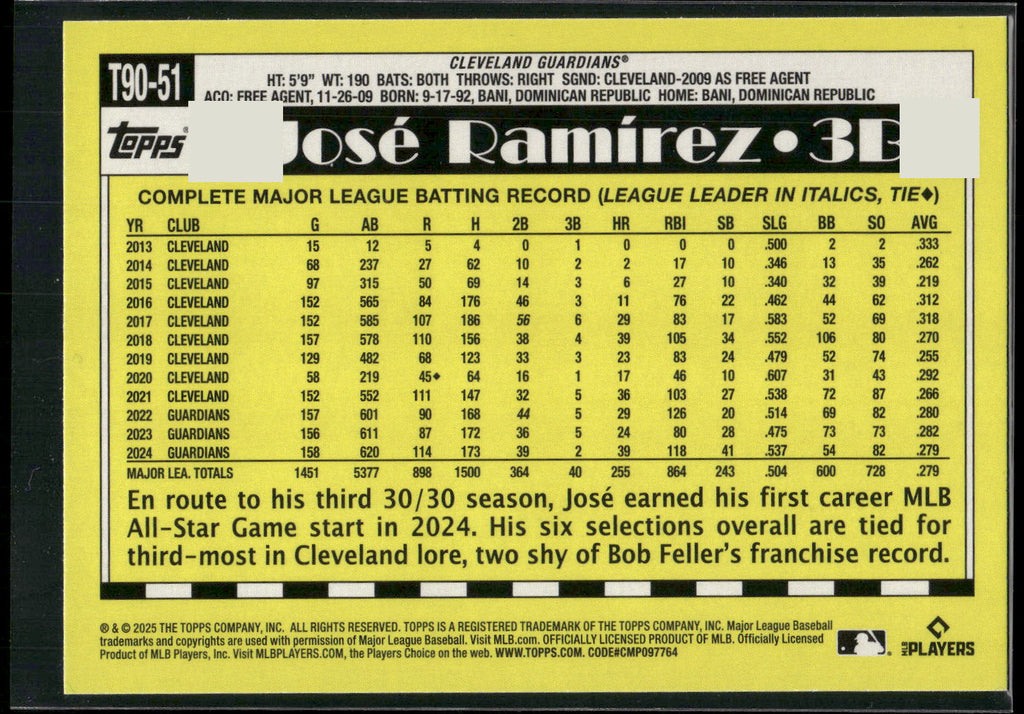 2025 Topps #T90-51 José Ramírez