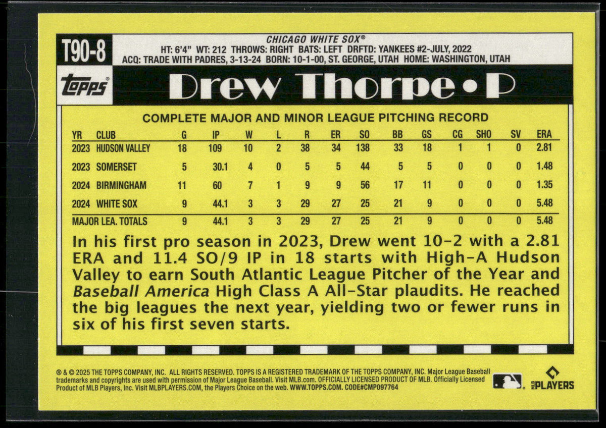 2025 Topps #T90-8 Drew Thorpe 1990 Topps Baseball 35th Anniversary (Series One)