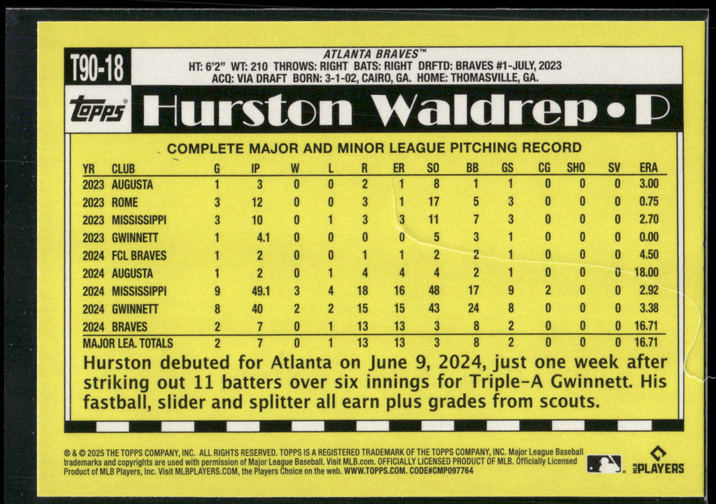 2025 Topps #T90-18 Hurston Waldrep