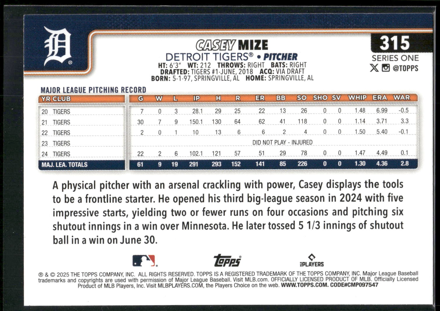 2025 Topps #315 Casey Mize Diamante Foil